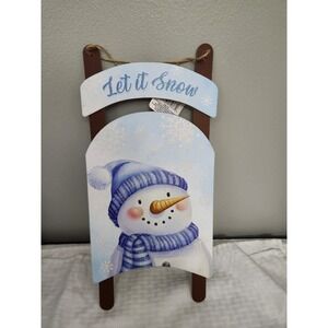 Greenbrier Christmas‎ Snowman Wooden Sled Wall Decor Let It Snow Winter Sign